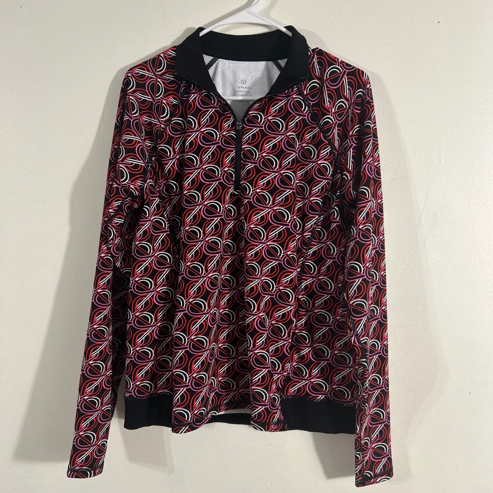 T by Talbots Quarter Zip Pullover Womens Large Black Red Pink Print